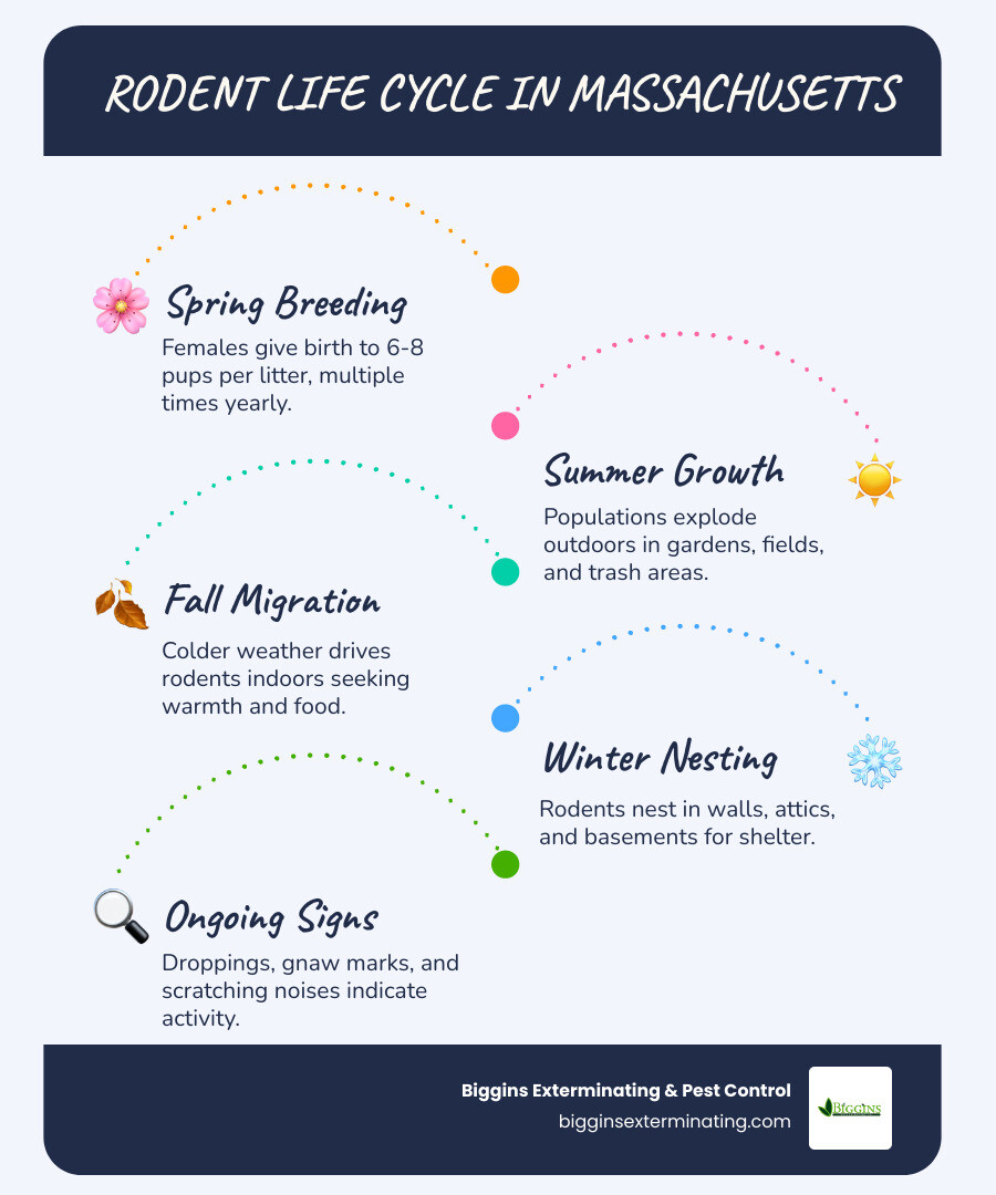Infographic showing the rodent life cycle in Massachusetts: Spring breeding season with litters of 6-8 pups, Summer rapid population growth outdoors, Fall migration indoors as temperatures drop, Winter nesting inside walls, attics, and basements, with key warning signs at each stage and prevention tips for Woburn homeowners - rodent removal woburn infographic infographic-line-5-steps-blues-accent_colors