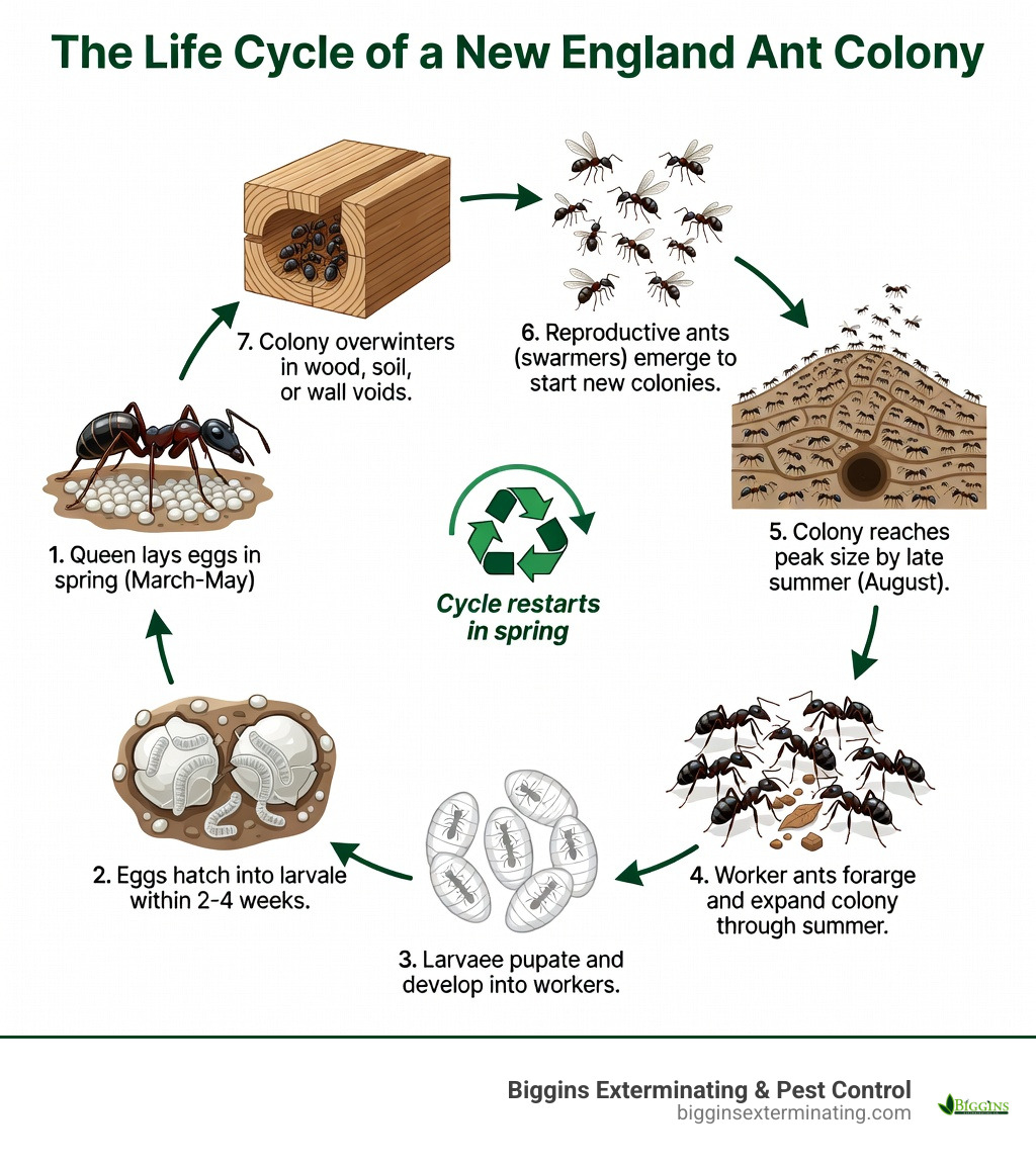 Infographic showing the life cycle of a New England ant colony: 1. Queen lays eggs in spring (March-May); 2. Eggs hatch into larvae within 2-4 weeks; 3. Larvae pupate and develop into workers; 4. Worker ants forage and expand colony through summer; 5. Colony reaches peak size by late summer (August); 6. Reproductive ants (swarmers) emerge to start new colonies; 7. Colony overwinters in wood, soil, or wall voids; cycle restarts in spring - ant control haverhill ma infographic 