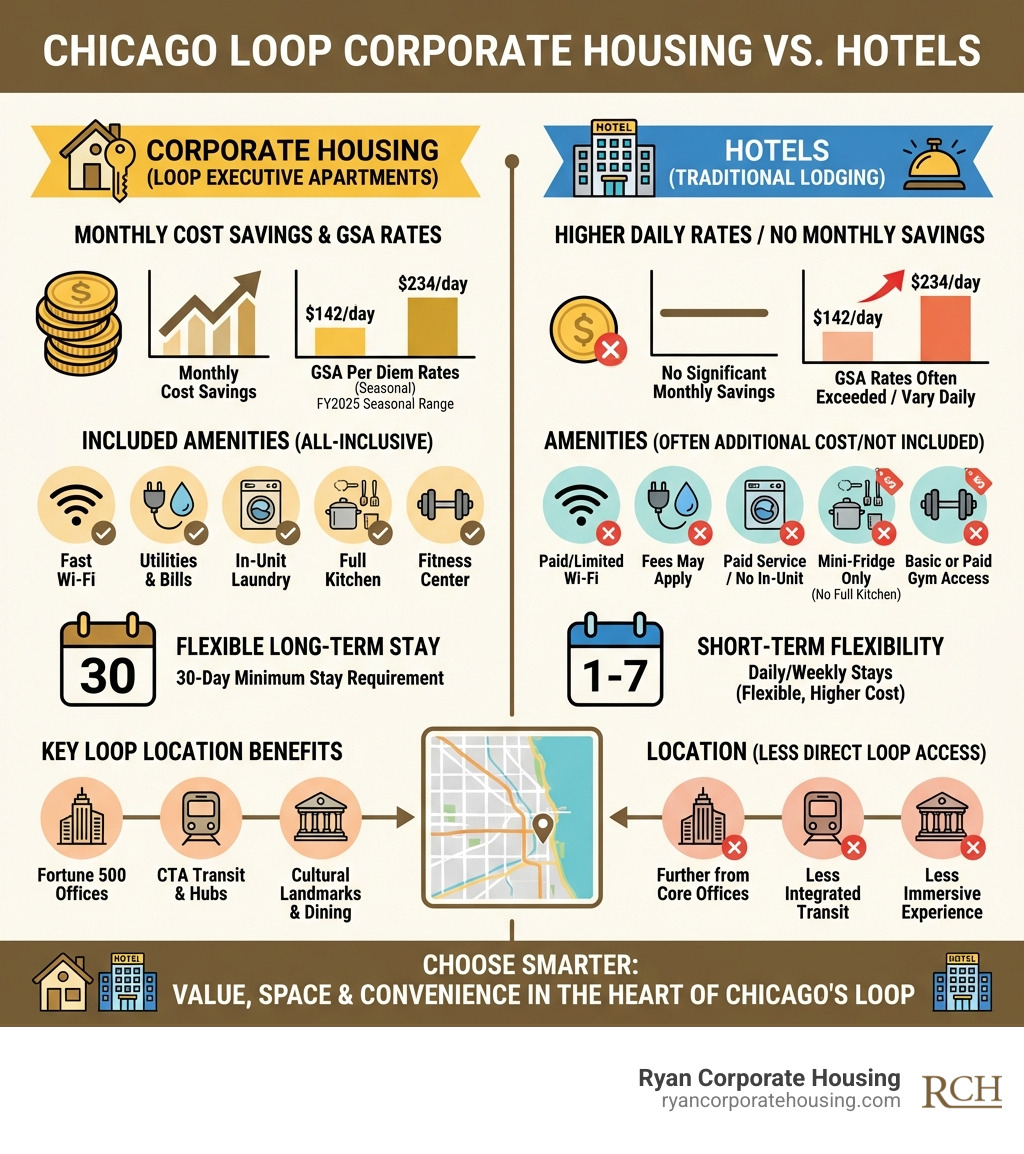 Infographic comparing Chicago Loop corporate housing vs hotels: monthly cost savings, included amenities (Wi-Fi, utilities, in-unit laundry, full kitchen, fitness center), GSA per diem rates by season ($142-$234/day), 30-day minimum stay requirement, and key Loop location benefits including proximity to Fortune 500 offices, CTA transit, and cultural landmarks - chicago loop corporate housing infographic 