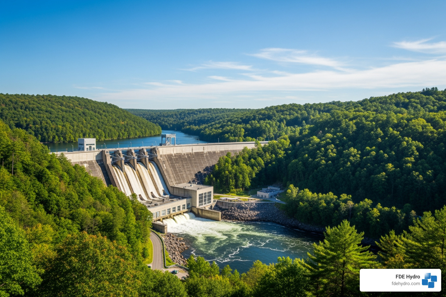 A modern hydroelectric dam integrating seamlessly with the surrounding environment - Eco friendly power generation