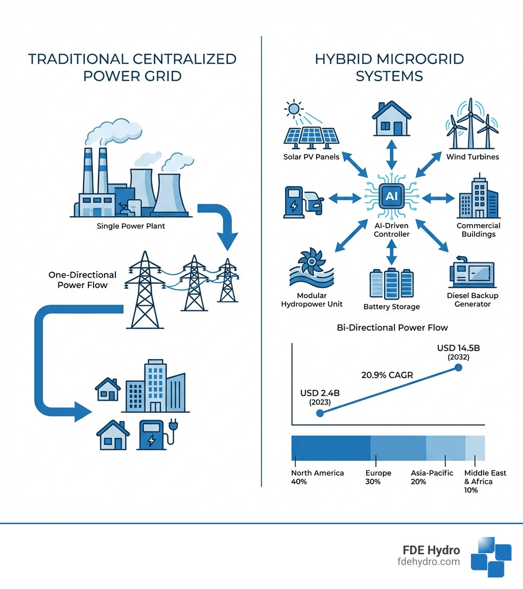 Infographic showing the transition from traditional centralized power grids to hybrid microgrid systems: left side shows a single large coal/gas power plant with one-directional power flow to homes and businesses; right side shows a hybrid microgrid with interconnected nodes including solar PV panels, wind turbines, a modular hydropower unit, battery storage, diesel backup generator, and an AI-driven controller, with bi-directional arrows showing power flow between sources, storage, and loads, alongside market growth stats: USD 2.4B in 2023 to USD 14.5B by 2032 at 20.9% CAGR, with regional share breakdown: North America 40%, Europe 30%, Asia-Pacific 20%, Middle East & Africa 10% - hybrid microgrid market infographic 