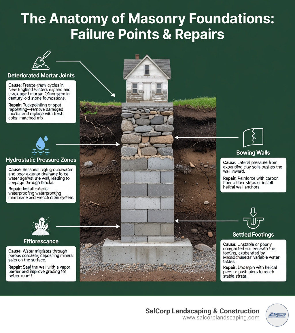 Infographic showing the anatomy of a masonry foundation including labeled cross-section of stone and block foundation walls, common failure points such as deteriorated mortar joints, hydrostatic pressure zones, efflorescence, bowing walls, and settled footings, with callouts explaining what causes each failure and which repair method addresses it - masonry foundation repair infographic 