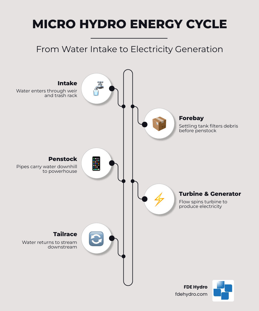 Infographic showing the micro hydro energy cycle: water intake with trash rack and weir → forebay tank → penstock pipe carrying water downhill → turbine and generator in powerhouse → electricity output to off-grid load or grid connection → water returned via tailrace to stream; key stats overlaid: 5–100 kW output, up to 90% plant factor, $1,500–$2,500/kW installed cost, 20–30 year lifespan - micro hydro power plants infographic infographic-line-5-steps-elegant_beige Infographic showing the micro hydro energy cycle: water intake with trash rack and weir → forebay tank → penstock pipe carrying water downhill → turbine and generator in powerhouse → electricity output to off-grid load or grid connection → water returned via tailrace to stream; key stats overlaid: 5–100 kW output, up to 90% plant factor, $1,500–$2,500/kW installed cost, 20–30 year lifespan - micro hydro power plants infographic infographic-line-5-steps-elegant_beige