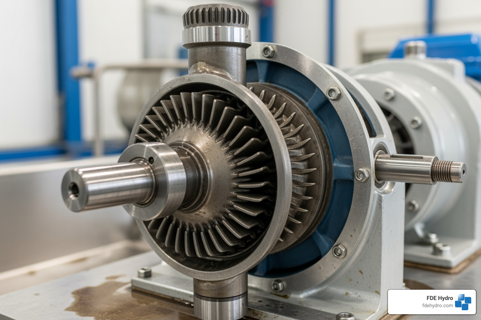 Cross-flow turbine and generator assembly showing the internal runner and the shaft connecting to the electrical generator - micro hydro power plants Cross-flow turbine and generator assembly showing the internal runner and the shaft connecting to the electrical generator - micro hydro power plants