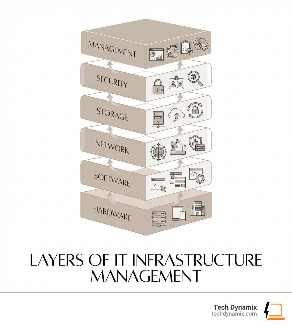 Infographic showing the layers of IT infrastructure management: at the base is hardware (servers, devices, data centers), above that is software (operating systems, applications, middleware), then network (LAN, WAN, firewalls, connectivity), then storage (on-premises, cloud, backup), then security (encryption, access control, threat detection), and at the top is management (monitoring, automation, compliance, ITSM) — with arrows showing how each layer supports the one above it - IT infrastructure management infographic 