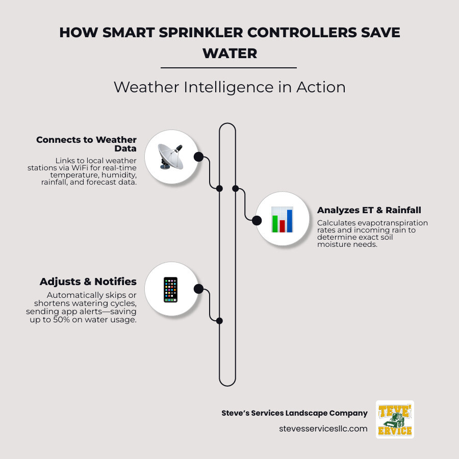Infographic showing how smart sprinkler controller weather intelligence works: step 1 controller connects to local weather station via WiFi, step 2 evapotranspiration and rainfall data is analyzed, step 3 watering schedule is automatically adjusted or skipped, step 4 homeowner receives app notification of changes, with water savings percentage comparison between traditional timers and smart controllers - sprinkler controller infographic infographic-line-3-steps-elegant_beige