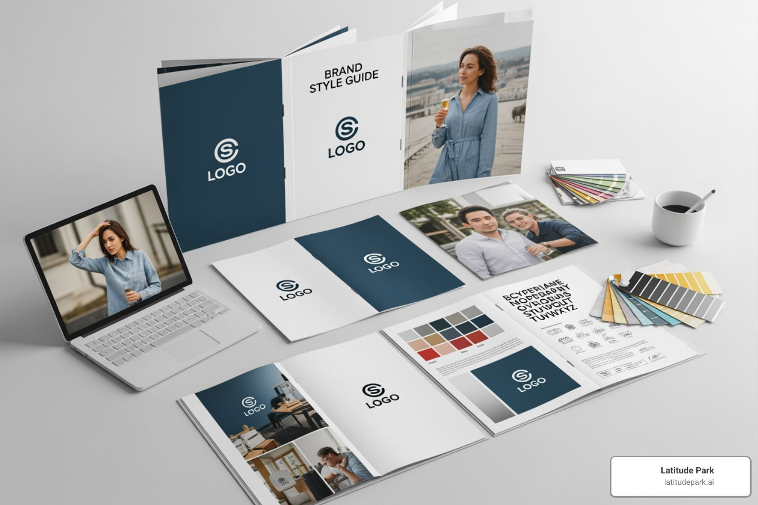 Cohesive brand style guide showing uniform logos, color palettes, and typography used across different marketing materials - multi location business marketing