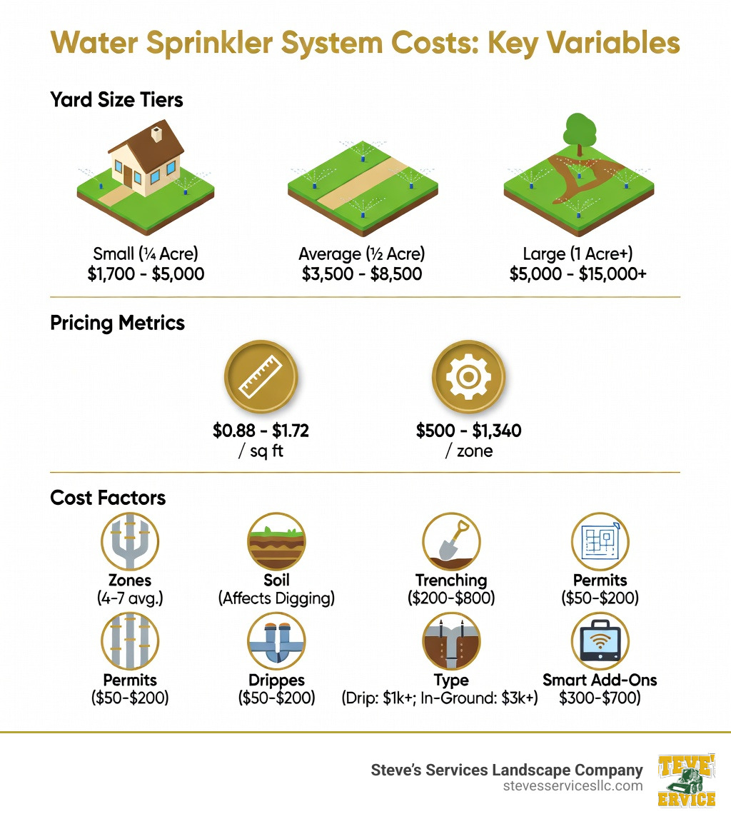Infographic showing water sprinkler system cost variables including yard size tiers from small to large with cost ranges, cost per square foot from $0.88 to $1.72, cost per zone from $500 to $1,340, and key cost factors such as number of zones, soil type, trenching fees, permit requirements, system type including drip or in-ground, and smart technology add-ons - water sprinkler system cost infographic 
