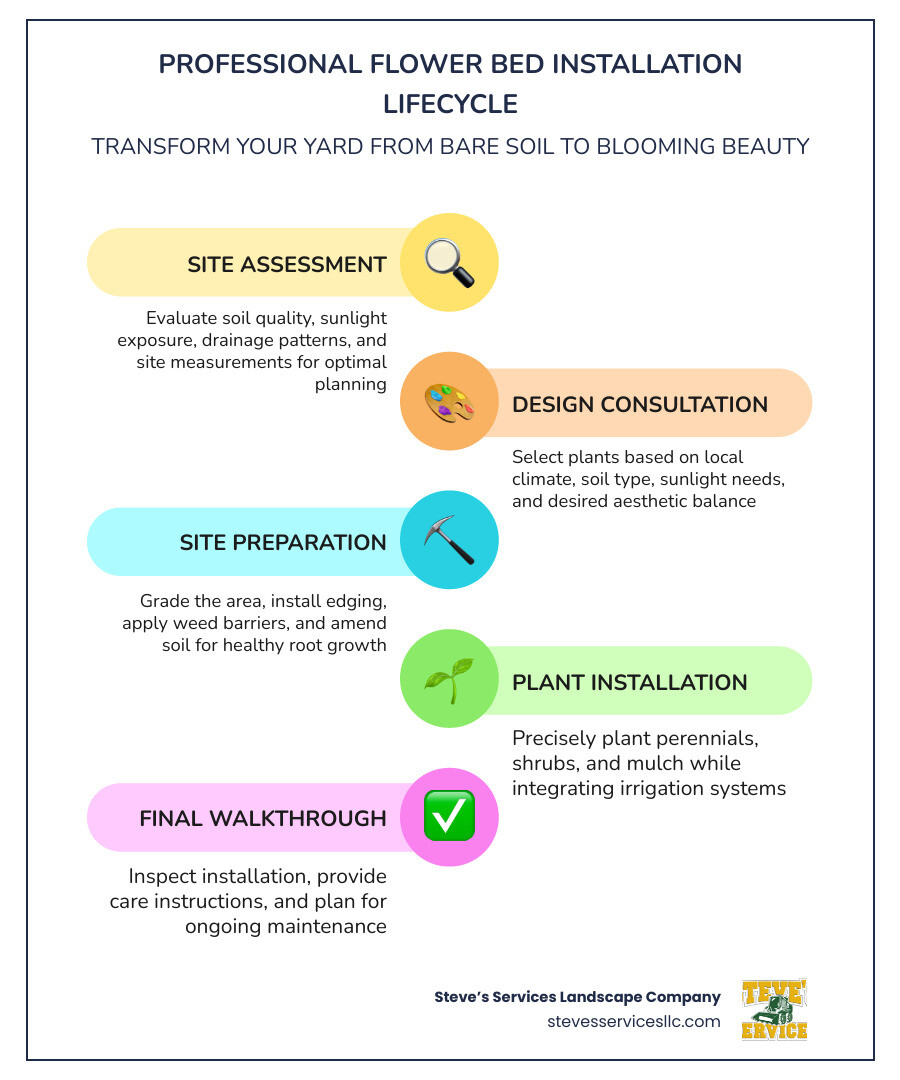Infographic showing the professional flower bed installation lifecycle: Step 1 - Site Assessment and Soil Testing; Step 2 - Design Consultation and Plant Selection based on sunlight, climate, and drainage; Step 3 - Site Preparation including grading, edging, and weed barrier; Step 4 - Installation of plants, mulch, and irrigation; Step 5 - Final Walkthrough and Ongoing Maintenance Plan - flower bed installation near me infographic infographic-line-5-steps-colors