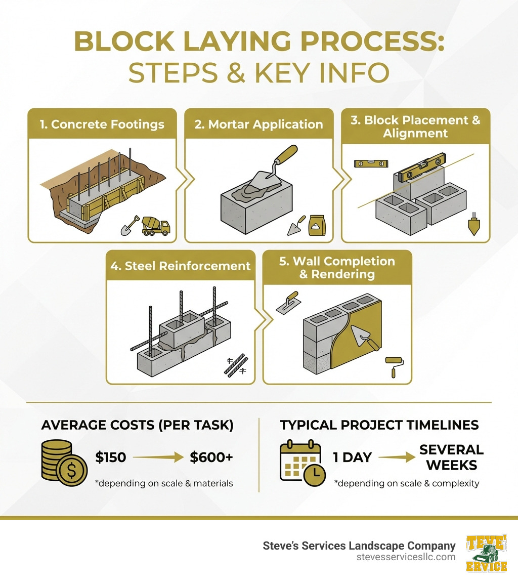 Infographic showing the block laying process: step 1 concrete footings, step 2 mortar application, step 3 block placement and alignment, step 4 steel reinforcement insertion, step 5 wall completion and rendering — with average costs ranging from $150 to $600+ per task and typical project timelines from 1 day to several weeks depending on scale - block layers near me infographic Infographic showing the block laying process: step 1 concrete footings, step 2 mortar application, step 3 block placement and alignment, step 4 steel reinforcement insertion, step 5 wall completion and rendering — with average costs ranging from $150 to $600+ per task and typical project timelines from 1 day to several weeks depending on scale - block layers near me infographic
