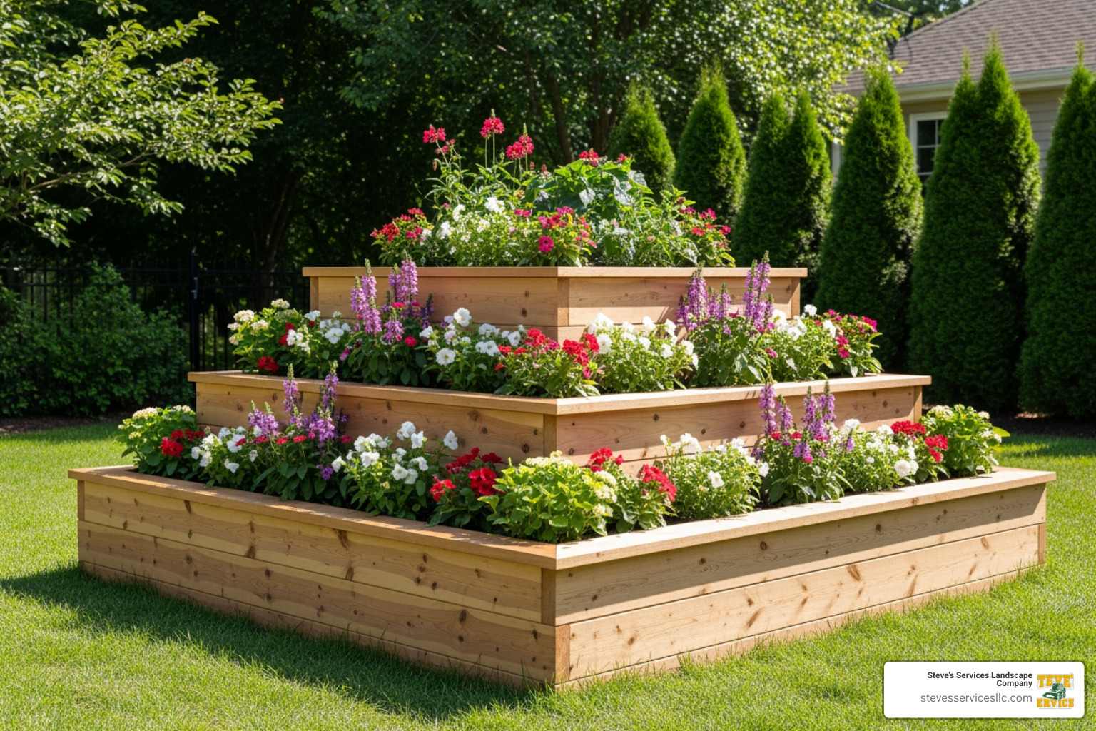 A professionally installed tiered cedar raised garden bed filled with vibrant flowers and greenery - flower bed installation near me