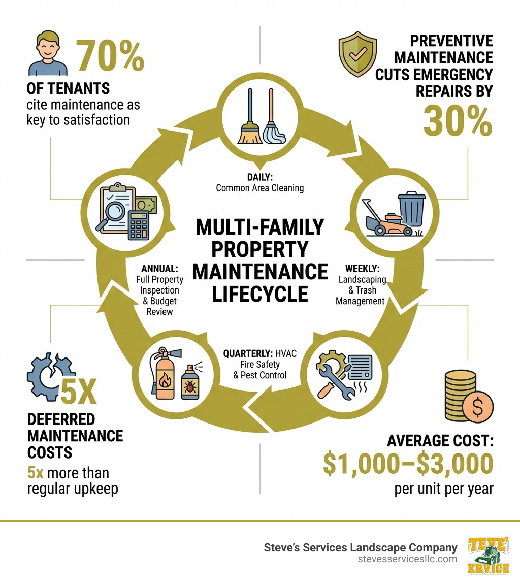Infographic showing the lifecycle of multi-family property maintenance: daily common area cleaning → weekly landscaping and trash management → monthly HVAC and plumbing checks → quarterly fire safety and pest control → annual full property inspection and budget review; with key stats: 70% of tenants cite maintenance as key to satisfaction, deferred maintenance costs 5x more, preventive maintenance cuts emergency repairs by 30%, average cost $1,000–$3,000 per unit per year - Multi-family property maintenance infographic 