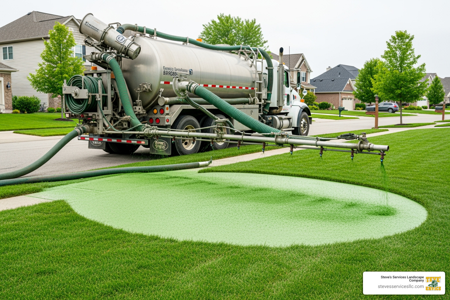 Professional hydroseeding equipment showing a large tank truck with a hydraulic spray cannon applying green slurry to a prepared residential lawn area - hydroseeding pro Professional hydroseeding equipment showing a large tank truck with a hydraulic spray cannon applying green slurry to a prepared residential lawn area - hydroseeding pro