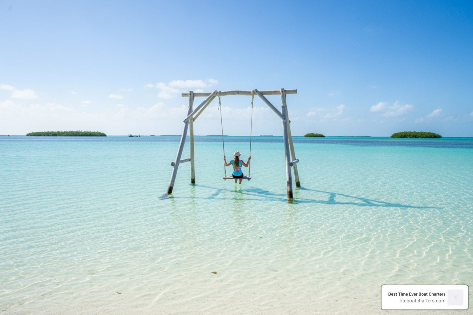 The famous driftwood swing at Snipes Point, with a person sitting on it over crystal-clear turquoise water - sand bars in key west