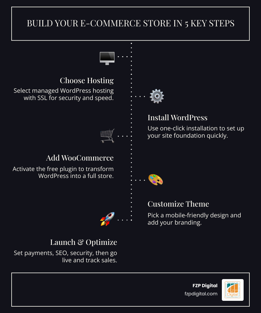 Step-by-step infographic showing the journey from a blank WordPress installation to a live e-commerce store: Step 1 - Select hosting and domain; Step 2 - Install WordPress with one click; Step 3 - Install and activate WooCommerce plugin; Step 4 - Run the WooCommerce Setup Wizard (currency, location, taxes, shipping); Step 5 - Choose and customize a theme; Step 6 - Add products (simple, variable, digital); Step 7 - Connect payment gateways like Stripe and PayPal; Step 8 - Install SEO and security plugins; Step 9 - Test on mobile and desktop; Step 10 - Launch and monitor with Google Analytics - e-commerce wordpress development infographic infographic-line-5-steps-dark Step-by-step infographic showing the journey from a blank WordPress installation to a live e-commerce store: Step 1 - Select hosting and domain; Step 2 - Install WordPress with one click; Step 3 - Install and activate WooCommerce plugin; Step 4 - Run the WooCommerce Setup Wizard (currency, location, taxes, shipping); Step 5 - Choose and customize a theme; Step 6 - Add products (simple, variable, digital); Step 7 - Connect payment gateways like Stripe and PayPal; Step 8 - Install SEO and security plugins; Step 9 - Test on mobile and desktop; Step 10 - Launch and monitor with Google Analytics - e-commerce wordpress development infographic infographic-line-5-steps-dark