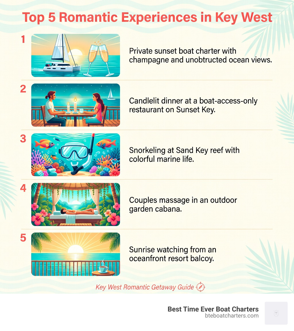Infographic showing the top 5 romantic experiences in Key West: 1) Private sunset boat charter with champagne and unobstructed ocean views, 2) Candlelit dinner at a boat-access-only restaurant on Sunset Key, 3) Snorkeling at Sand Key reef with colorful marine life, 4) Couples massage in an outdoor garden cabana, 5) Sunrise watching from an oceanfront resort balcony — each experience illustrated with icons and short descriptions of what to expect - key west romantic getaway infographic 