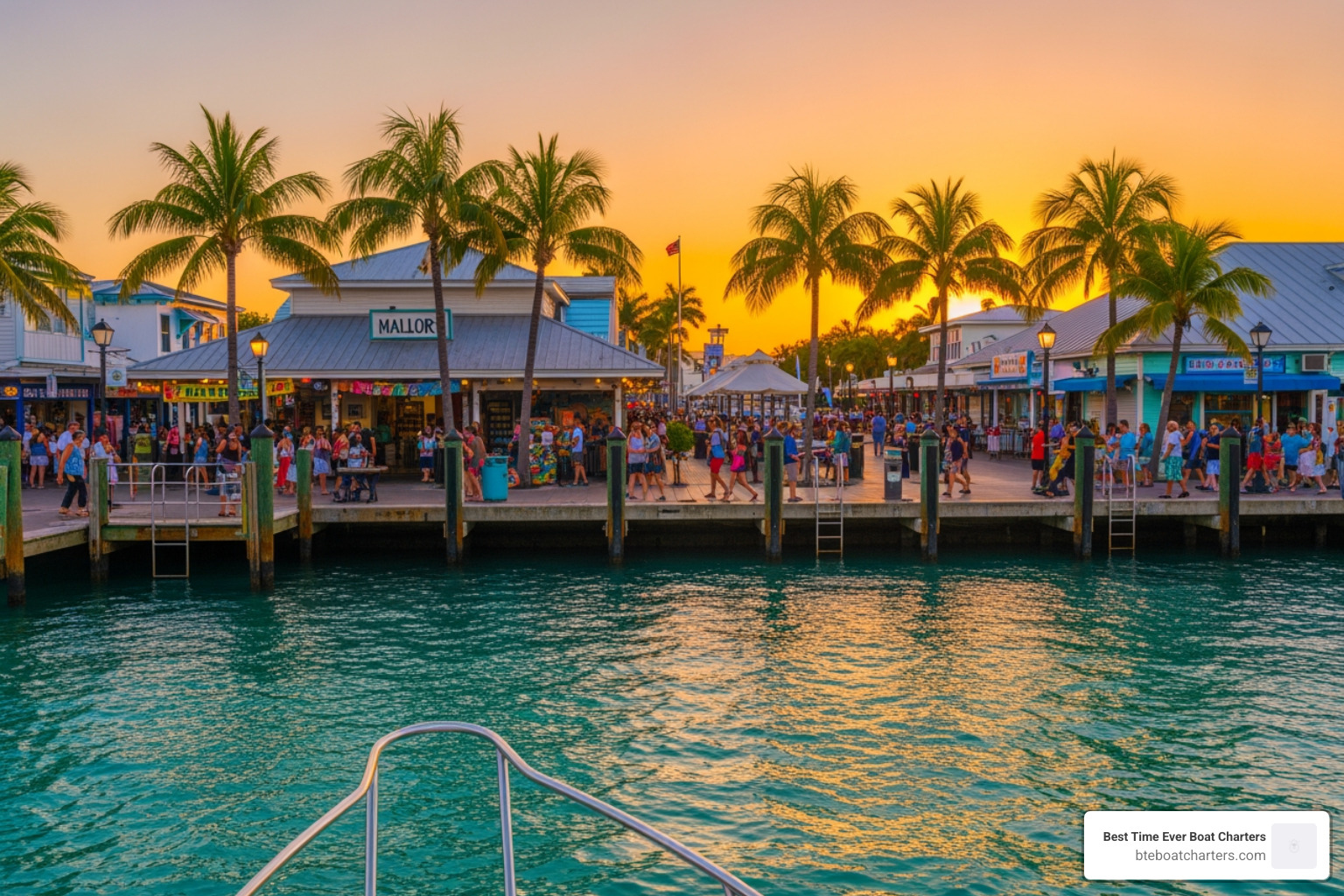 View of the crowded Mallory Square docks from the perspective of a boat on the water at sunset - key west sunset cruise