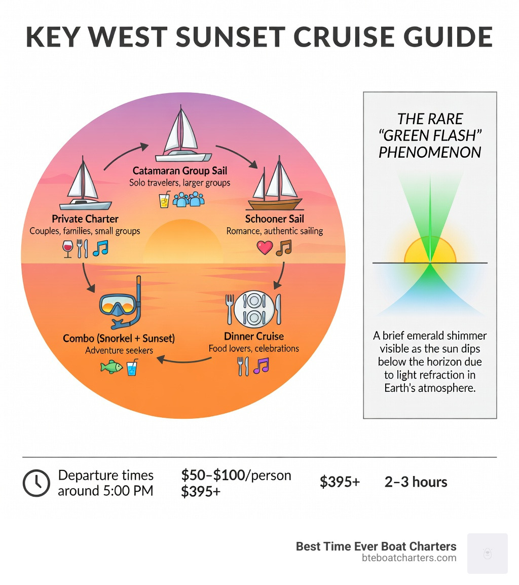 Infographic showing Key West sunset cruise types, what's included in each (drinks, food, music, activities), typical prices ranging from $50 to $395+, duration of 2 to 3 hours, departure times around 5:00 PM, and a sidebar explaining the rare 