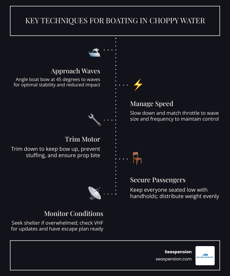 Infographic showing key techniques for boating in choppy water: a boat diagram illustrating the 45-degree wave approach angle with arrows, a wave interval chart showing short choppy waves vs. long swells with recommended speed adjustments, a trim tab position guide showing bow-up vs. bow-down positions, and a quick-reference checklist of pre-departure safety steps including life jackets, VHF radio, fuel reserves, and weather check - Boating in choppy water infographic infographic-line-5-steps-dark