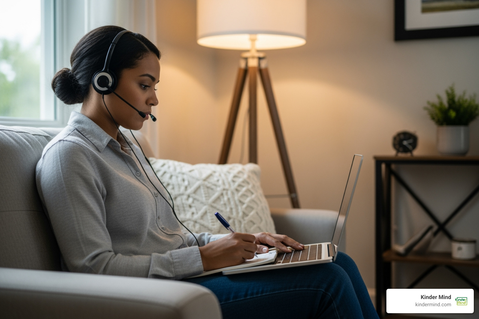 A person sitting in a quiet, well-lit corner of their home, wearing a headset and taking notes during a virtual therapy session on a laptop - virtual counseling for depression