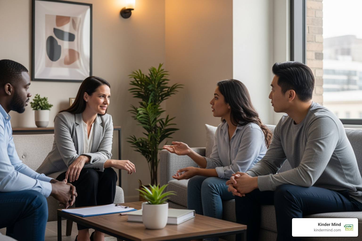 A therapist sitting in a comfortable office setting with a group of three partners, listening intently as they discuss their relationship dynamics in a supportive environment - poly friendly therapist