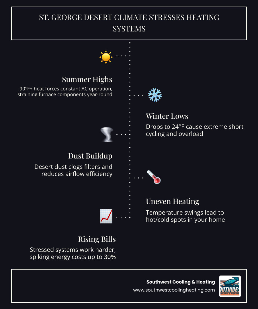 Infographic showing how St. George desert climate temperature swings from 90°F summer highs to 24°F winter lows stress heating systems year-round, with icons for dust buildup, short cycling, uneven heating, rising energy bills, and a seasonal maintenance timeline recommending fall furnace checkups and spring AC prep, alongside tips for finding affordable heating repair options including coupons, financing, and maintenance plans - affordable heating repair in st. george, ut infographic infographic-line-5-steps-dark