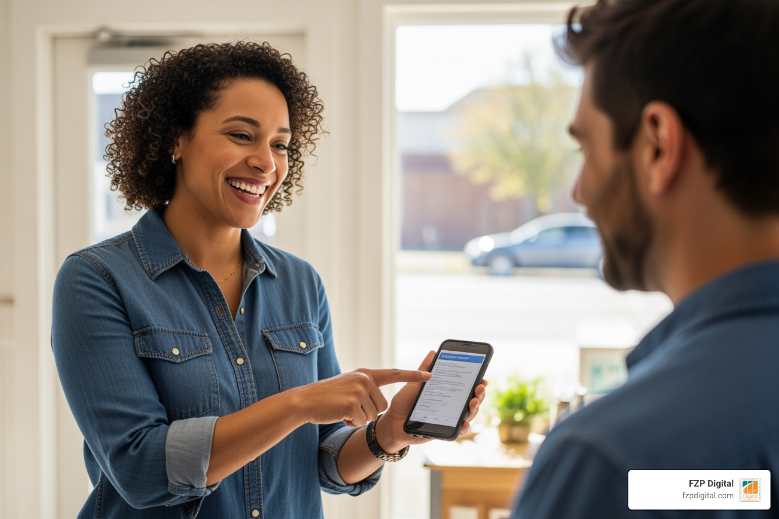 A happy local business owner showing a customer a service on a smartphone in a sunny Bucks County shop - local seo services bucks county A happy local business owner showing a customer a service on a smartphone in a sunny Bucks County shop - local seo services bucks county