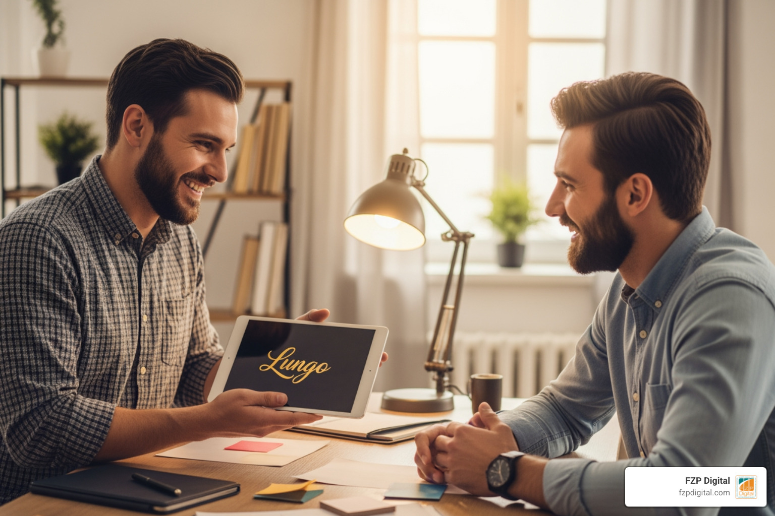 A happy designer in a bright, warm office showing a luxury-style logo design to a smiling client on a tablet - luxury brand logos A happy designer in a bright, warm office showing a luxury-style logo design to a smiling client on a tablet - luxury brand logos