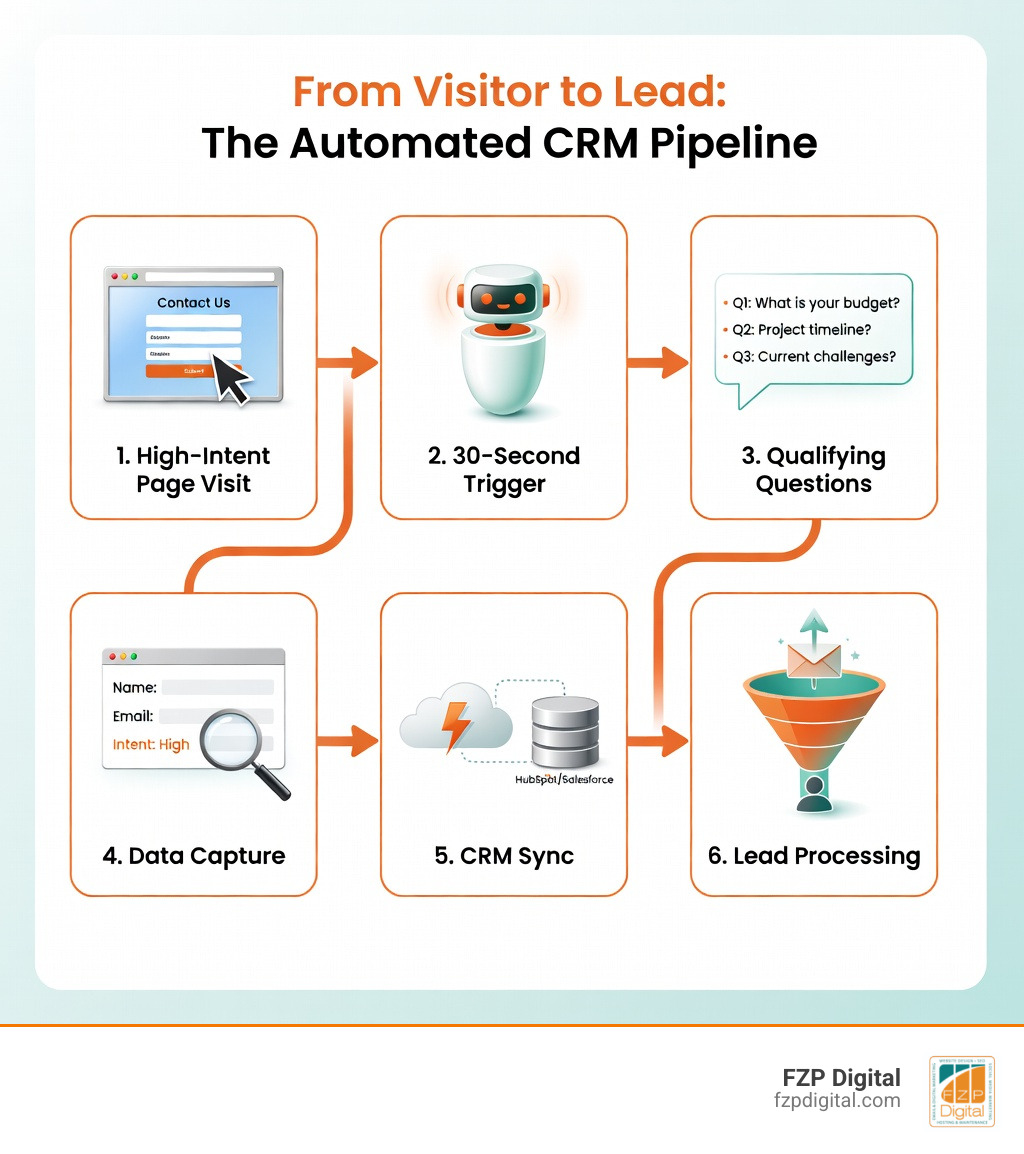 Infographic showing the step-by-step flow from website visitor to CRM lead: visitor lands on high-intent page → chatbot triggers after 30 seconds → bot asks 3-5 qualifying questions → contact details and intent signals captured → data synced to CRM via Zapier or API → lead scored and assigned to sales rep → automated follow-up sequence launched - how to integrate chatbot with crm for lead capture infographic Infographic showing the step-by-step flow from website visitor to CRM lead: visitor lands on high-intent page → chatbot triggers after 30 seconds → bot asks 3-5 qualifying questions → contact details and intent signals captured → data synced to CRM via Zapier or API → lead scored and assigned to sales rep → automated follow-up sequence launched - how to integrate chatbot with crm for lead capture infographic