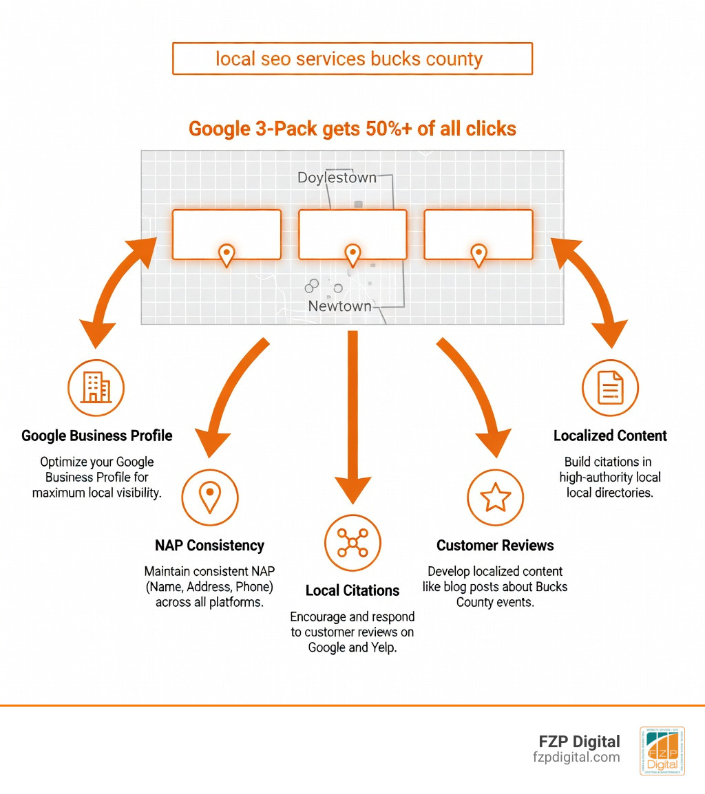 Infographic showing how Google's Local 3-Pack works: a search bar at the top labeled 'local seo services bucks county', below it three highlighted business listings in a map panel labeled 'Google 3-Pack gets 50%+ of all clicks', with arrows pointing to five key local SEO ranking factors: Google Business Profile, NAP Consistency, Local Citations, Customer Reviews, and Localized Content — each with a brief one-line description - local seo services bucks county infographic Infographic showing how Google's Local 3-Pack works: a search bar at the top labeled 'local seo services bucks county', below it three highlighted business listings in a map panel labeled 'Google 3-Pack gets 50%+ of all clicks', with arrows pointing to five key local SEO ranking factors: Google Business Profile, NAP Consistency, Local Citations, Customer Reviews, and Localized Content — each with a brief one-line description - local seo services bucks county infographic