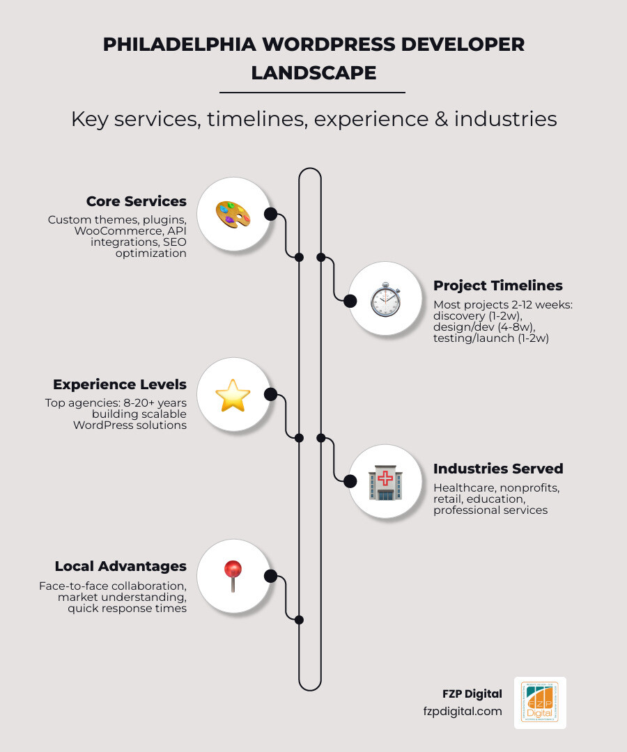 Infographic showing the Philadelphia WordPress developer landscape: key services offered (custom design, eCommerce, SEO, security, maintenance), typical project timelines (2-12 weeks), experience levels of top agencies (8-20+ years), and industries served (healthcare, nonprofits, retail, education, professional services) — with FZP Digital highlighted as a trusted local partner - philadelphia wordpress developers infographic infographic-line-5-steps-elegant_beige Infographic showing the Philadelphia WordPress developer landscape: key services offered (custom design, eCommerce, SEO, security, maintenance), typical project timelines (2-12 weeks), experience levels of top agencies (8-20+ years), and industries served (healthcare, nonprofits, retail, education, professional services) — with FZP Digital highlighted as a trusted local partner - philadelphia wordpress developers infographic infographic-line-5-steps-elegant_beige