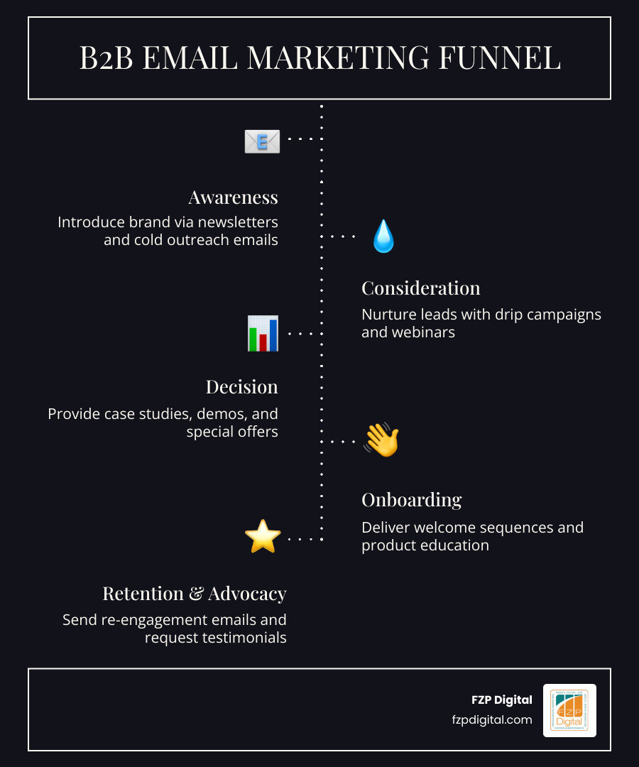 Infographic showing the B2B email marketing funnel with six stages: Awareness (newsletter, cold outreach), Consideration (lead nurture drips, webinars), Decision (case studies, demos, offers), Onboarding (welcome sequence, product education), Retention (re-engagement, feature updates), and Advocacy (testimonial requests, referral campaigns) — each stage labeled with key email types, average open rates, and the goal of each touchpoint - b2b email marketing infographic infographic-line-5-steps-dark Infographic showing the B2B email marketing funnel with six stages: Awareness (newsletter, cold outreach), Consideration (lead nurture drips, webinars), Decision (case studies, demos, offers), Onboarding (welcome sequence, product education), Retention (re-engagement, feature updates), and Advocacy (testimonial requests, referral campaigns) — each stage labeled with key email types, average open rates, and the goal of each touchpoint - b2b email marketing infographic infographic-line-5-steps-dark