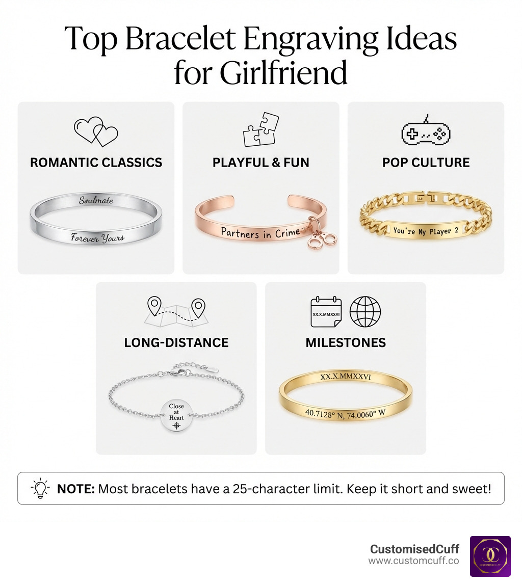 Infographic showing top bracelet engraving ideas for girlfriends organized by category: romantic classics like Soulmate and Forever Yours, playful options like Partners in Crime, pop culture references like You're My Player 2, long-distance phrases like Close at Heart, and milestone engravings like Roman numeral dates and coordinates, with a note that most bracelets have a 25-character limit - bracelet engraving ideas for girlfriend infographic 