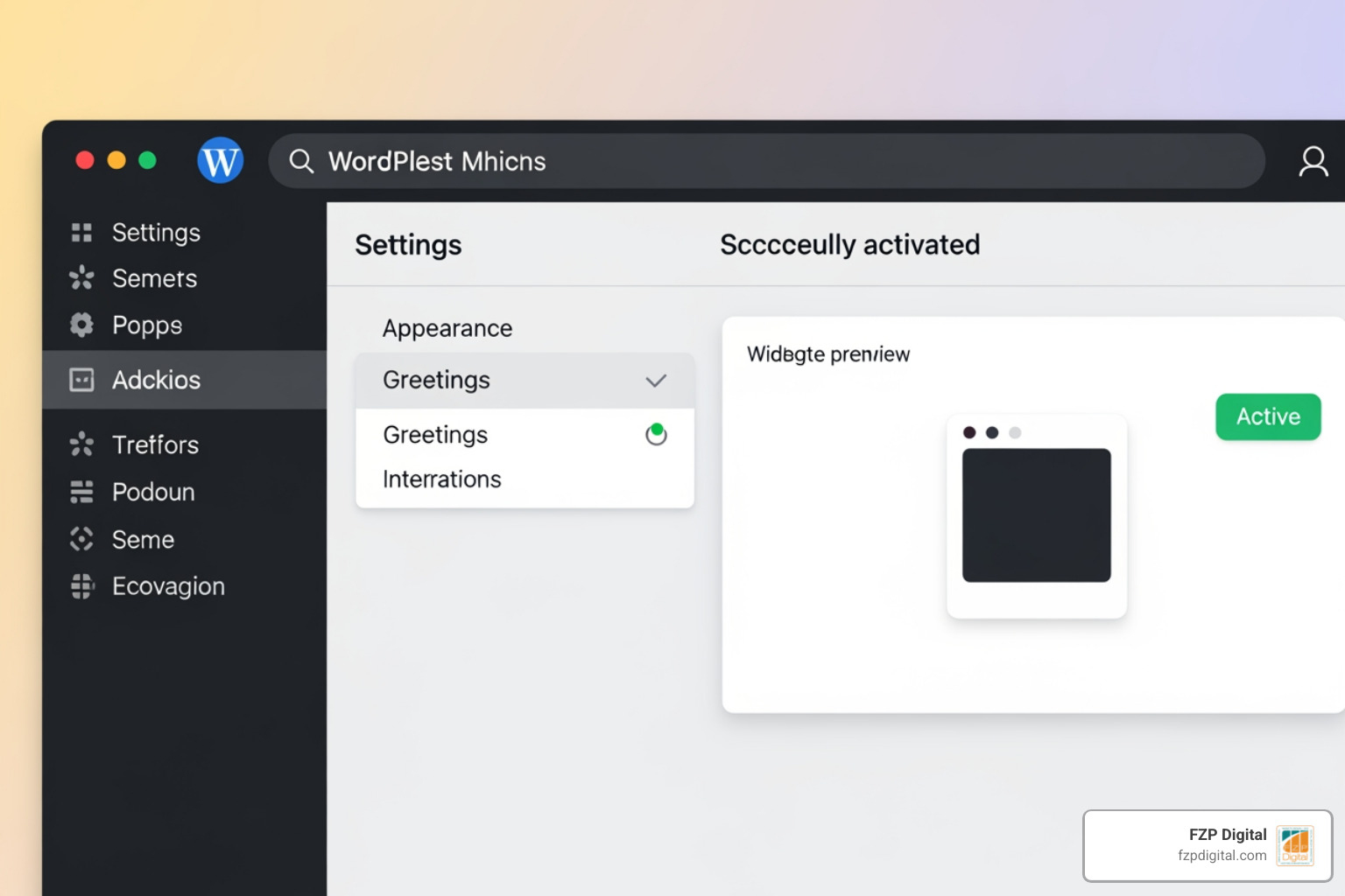 A screenshot of a clean WordPress dashboard with a live chat plugin successfully activated. The settings menu shows options for 'Appearance,' 'Greetings,' and 'Integrations' with a green 'Active' status indicator next to the widget preview. - live chat widget wordpress A screenshot of a clean WordPress dashboard with a live chat plugin successfully activated. The settings menu shows options for 'Appearance,' 'Greetings,' and 'Integrations' with a green 'Active' status indicator next to the widget preview. - live chat widget wordpress