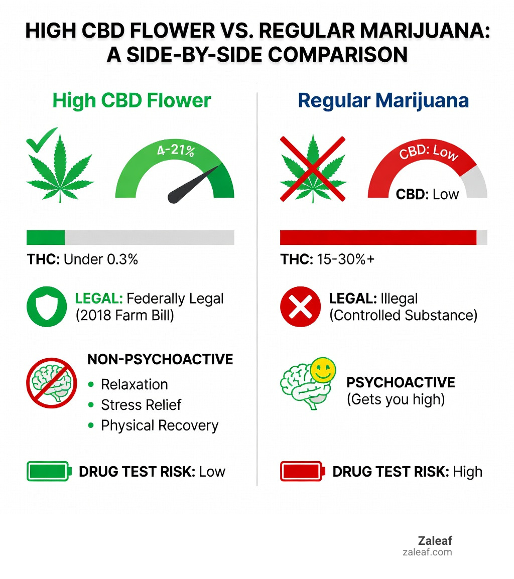 Infographic comparing high CBD flower vs regular marijuana: side-by-side columns showing CBD percentage ranges (4-21% for CBD flower vs low for marijuana), THC levels (under 0.3% vs 15-30%+), legal status, psychoactive effects, common effects like relaxation and stress relief vs intoxication, and drug test risk levels from low to high - high CBD flower infographic 