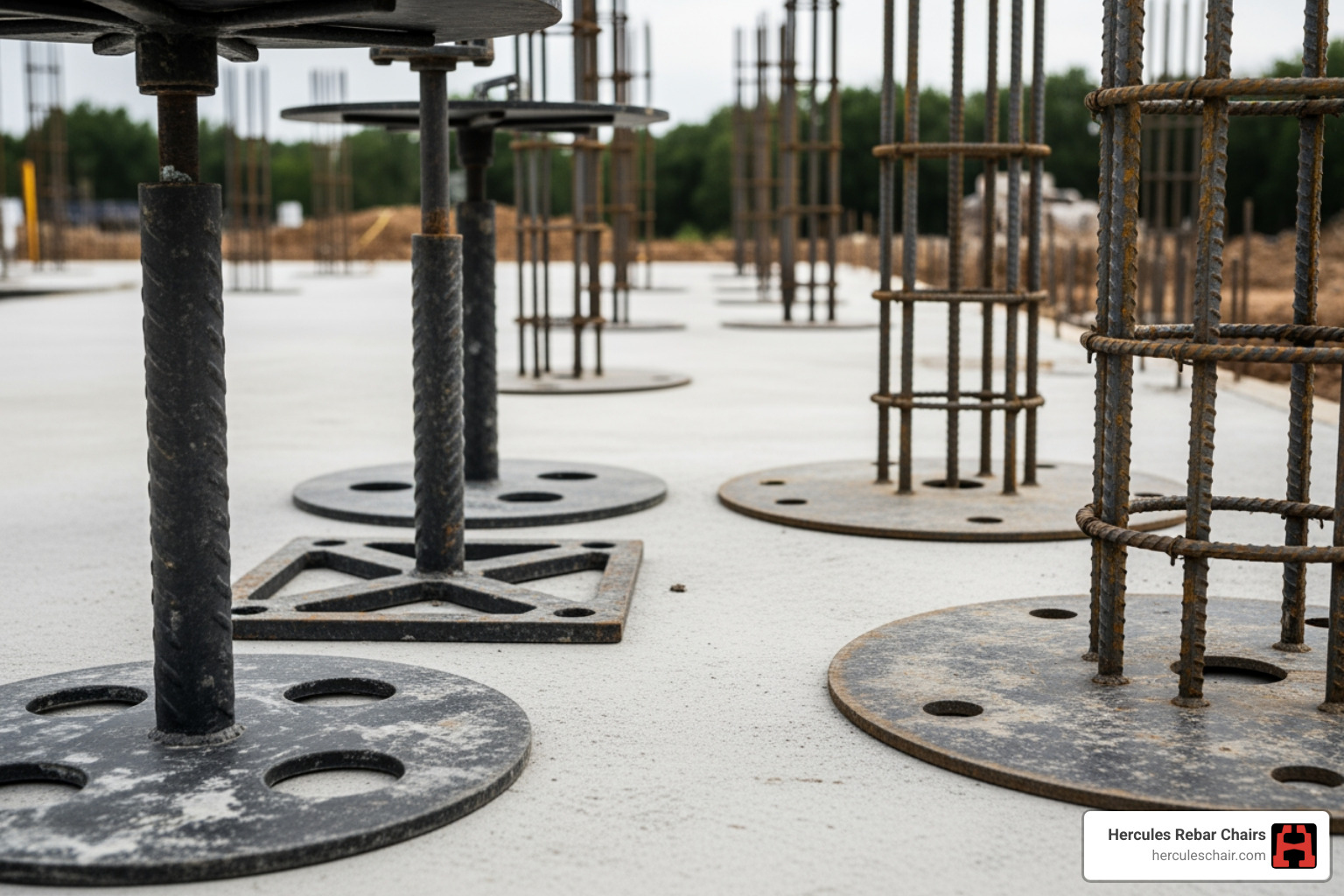 Different rebar chair bases including round, square, and plate bases for various soil conditions - bar chairs concrete sizes