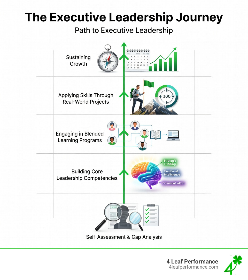 Infographic showing the step-by-step path from mid-level manager to executive leader, including five stages: self-assessment and gap analysis, building core leadership competencies like strategic thinking and emotional intelligence, engaging in blended learning programs with coaching and peer networks, applying skills through real-world projects and 360-degree feedback, and sustaining growth with a personalized development plan and accountability system - developing executive leadership infographic 
