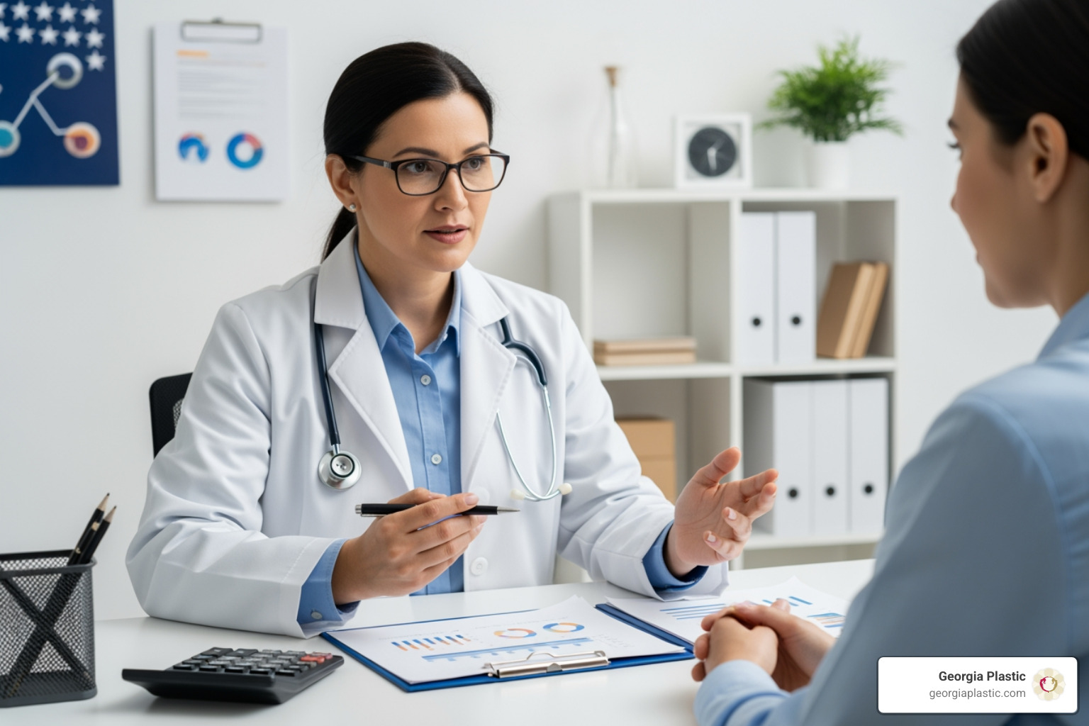 Medical professional discussing surgical fees with a patient in a modern office setting - liposuction cost