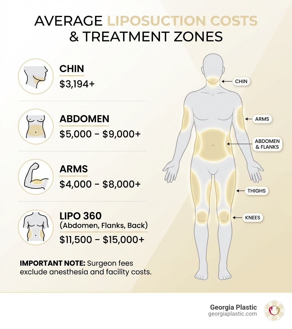 Infographic showing average liposuction costs by body area including chin at $3,194, abdomen at $5,000-$9,000, arms at $4,000-$8,000, and Lipo 360 at $11,500-$15,000+, alongside a simple diagram of the human body highlighting common treatment zones such as the chin, arms, abdomen, flanks, thighs, and knees, with a note that surgeon fees exclude anesthesia and facility costs - liposuction cost infographic 