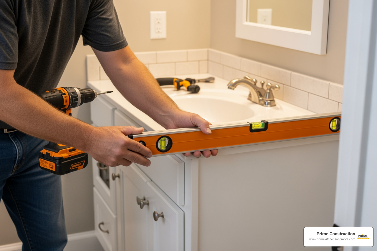 A professional installer using a spirit level to ensure the bathroom vanity cabinet is perfectly horizontal before securing it to the wall studs. - bathroom vanity installation servives