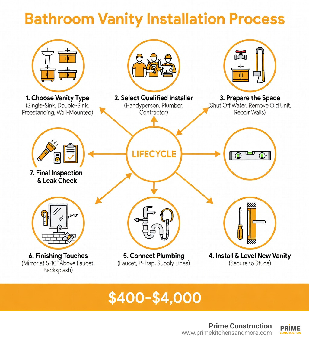 Infographic showing the bathroom vanity installation lifecycle: Step 1 - Choose vanity type (single-sink, double-sink, freestanding, or wall-mounted); Step 2 - Select a qualified installer (handyperson, plumber, or contractor); Step 3 - Prepare the space (shut off water, remove old unit, repair walls); Step 4 - Install and level new vanity (secure to studs); Step 5 - Connect plumbing (faucet, P-trap, supply lines); Step 6 - Finishing touches (mirror at 5-10 inches above faucet, backsplash); Step 7 - Final inspection and leak check. Cost range shown at bottom: $400–$4,000 - bathroom vanity installation servives infographic 