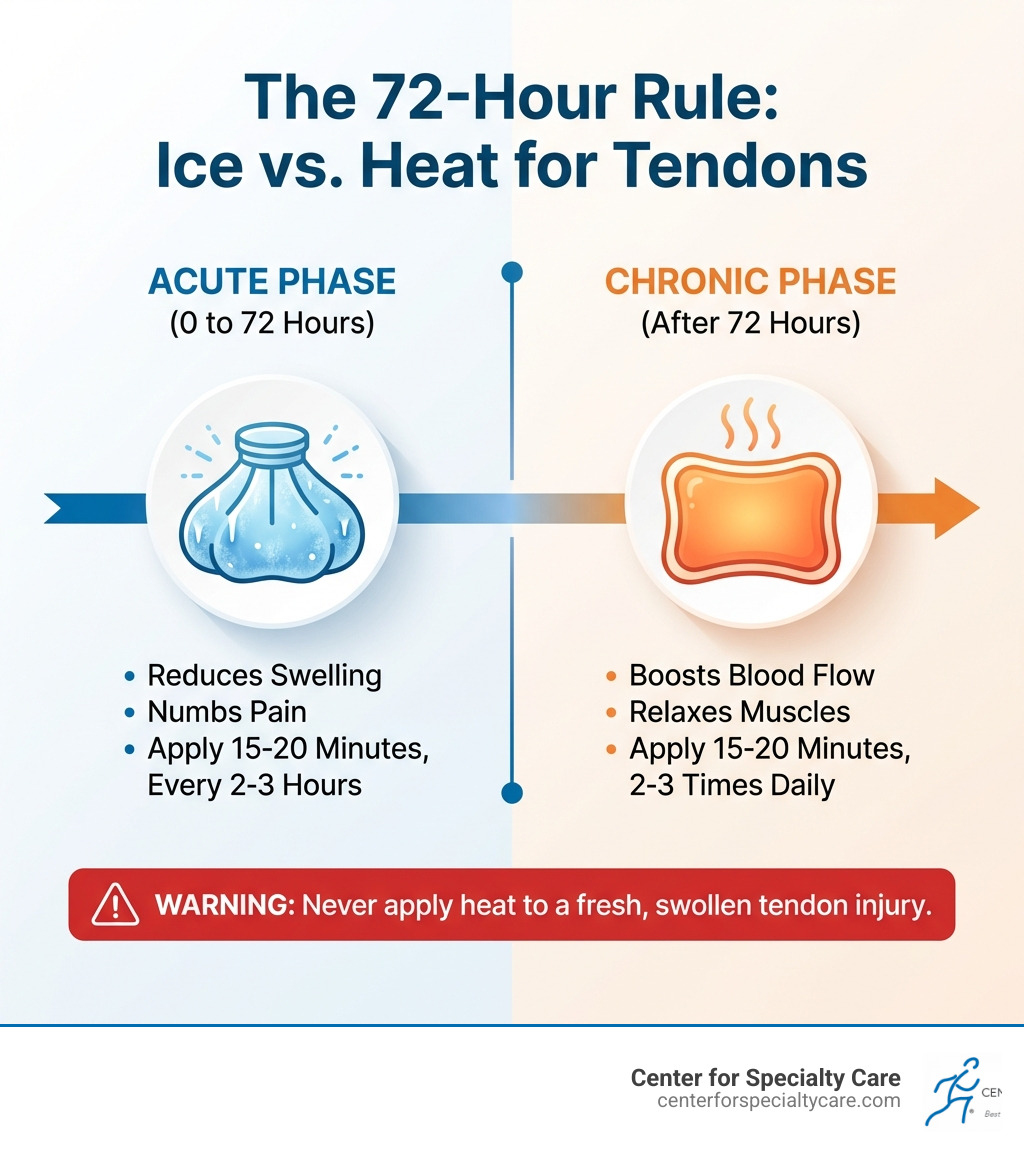 Infographic showing the 72-hour rule for ice vs heat for tendons: a timeline divided into two phases — the acute phase (0 to 72 hours) showing an ice pack with bullet points: reduces swelling, numbs pain, apply 15-20 minutes every 2-3 hours; and the chronic phase (after 72 hours) showing a heat pack with bullet points: boosts blood flow, relaxes muscles, apply 15-20 minutes 2-3 times daily; with a warning label at the bottom reading: Never apply heat to a fresh, swollen tendon injury - ice or heat for tendons infographic 