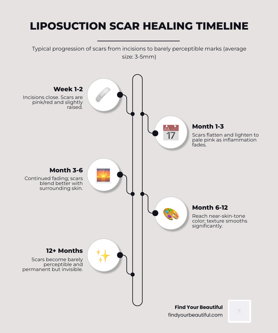 Liposuction scar healing timeline infographic showing five stages: Week 1-2 incisions close and are pink/red, Month 1-3 scars flatten and turn lighter pink, Month 3-6 scars continue to fade and blend, Month 6-12 scars reach near-skin-tone color, 12+ months scars become barely perceptible; includes average scar size of 3-5mm and icons for each healing stage - does liposuction leave scars infographic infographic-line-5-steps-elegant_beige