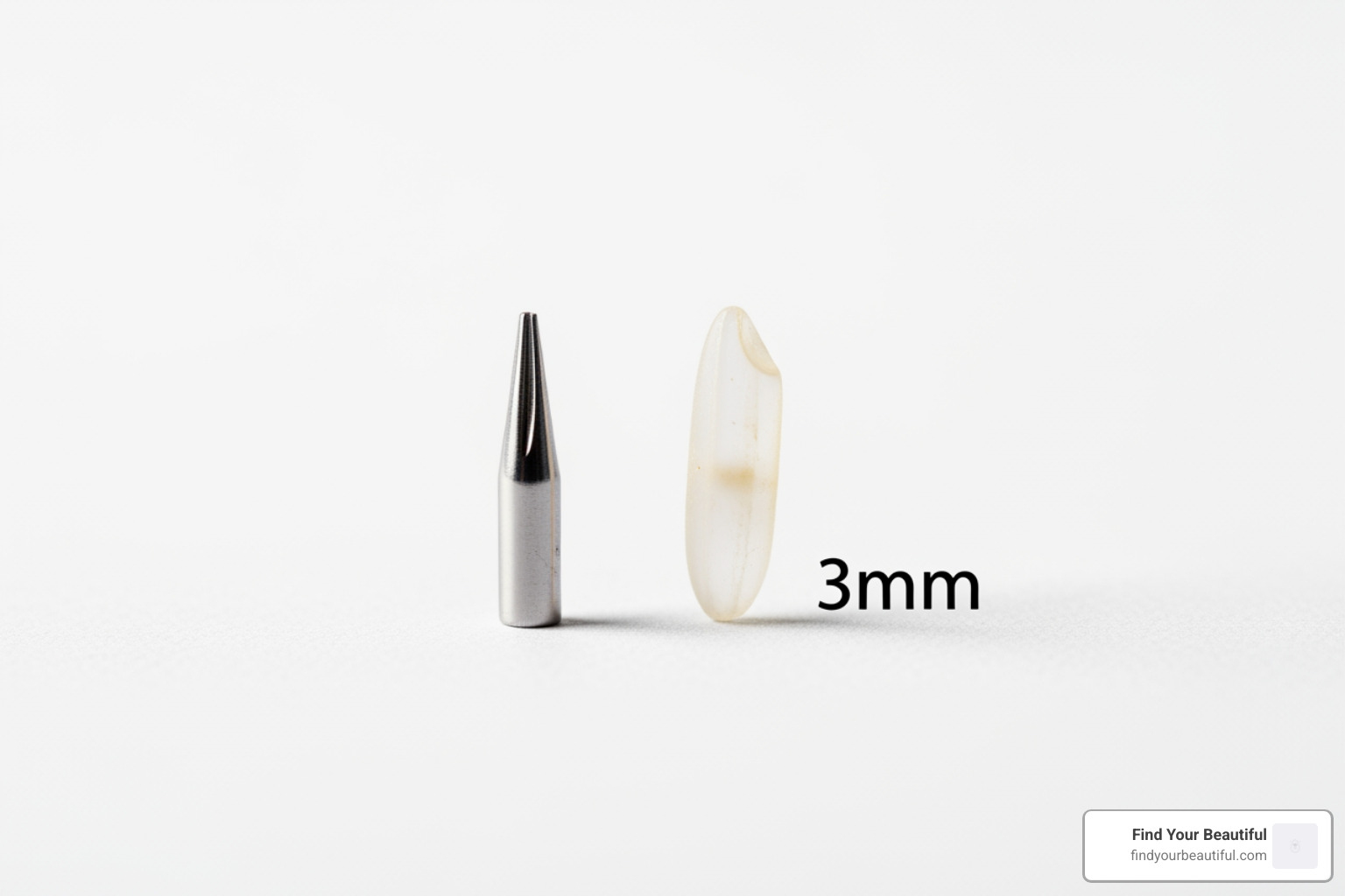 A close-up of a small 3mm liposuction cannula being held next to a grain of rice to demonstrate the tiny size of the surgical tool and resulting incision - does liposuction leave scars