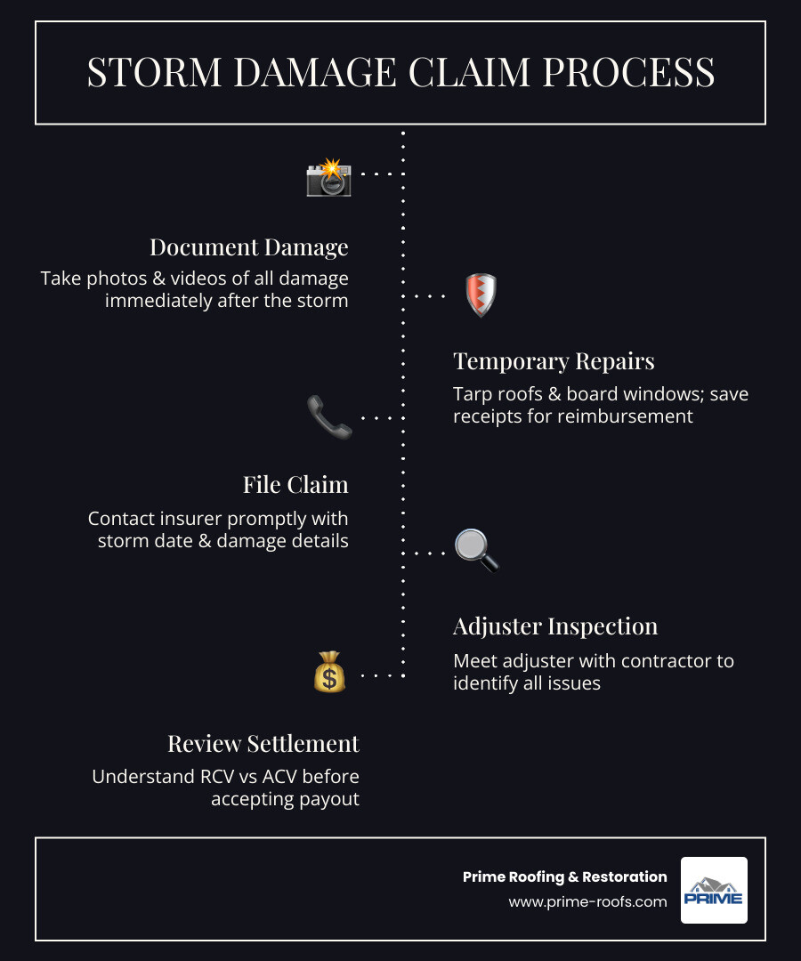 5-step storm damage insurance claim process infographic showing: Step 1 - Document damage with photos and videos immediately after the storm; Step 2 - Make temporary repairs and save all receipts; Step 3 - Contact your insurer and file the claim promptly; Step 4 - Meet with the insurance adjuster alongside a licensed contractor; Step 5 - Review the settlement offer and understand RCV vs ACV payout differences before accepting - storm damage insurance claim infographic infographic-line-5-steps-dark