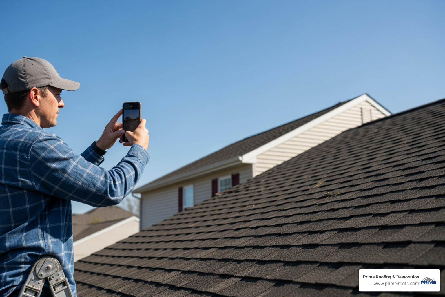 Homeowner taking photos of a damaged roof for an insurance claim - storm damage insurance claim