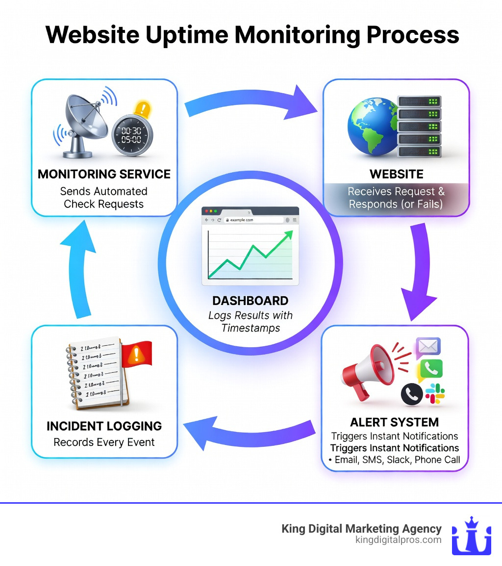 Infographic Showing The Website Uptime Monitoring Process: A Monitoring Service Sends Check Requests To A Website At Regular Intervals (30 Seconds To 5 Minutes), Receives A Response Or Detects A Failure, Logs The Result In A Dashboard With Timestamps, And Triggers Instant Alerts Via Email, Sms, Slack, Or Phone Call When Downtime Or Errors Are Detected — Illustrated As A Circular Flowchart With Icons For Each Step - Website Uptime Monitoring Infographic 