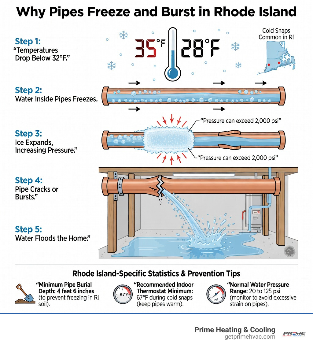 Infographic showing why pipes freeze and burst in Rhode Island: step-by-step process from temperatures dropping below 32°F, water inside pipes turning to ice, ice expanding and increasing pressure on pipe walls, pipe cracking or bursting, water flooding the home; includes RI-specific stats such as minimum pipe burial depth of 4 feet 6 inches, recommended indoor thermostat minimum of 67°F during cold snaps, and normal water pressure range of 20 to 125 psi - Bursted waterpipes in RI infographic Infographic showing why pipes freeze and burst in Rhode Island: step-by-step process from temperatures dropping below 32°F, water inside pipes turning to ice, ice expanding and increasing pressure on pipe walls, pipe cracking or bursting, water flooding the home; includes RI-specific stats such as minimum pipe burial depth of 4 feet 6 inches, recommended indoor thermostat minimum of 67°F during cold snaps, and normal water pressure range of 20 to 125 psi - Bursted waterpipes in RI infographic
