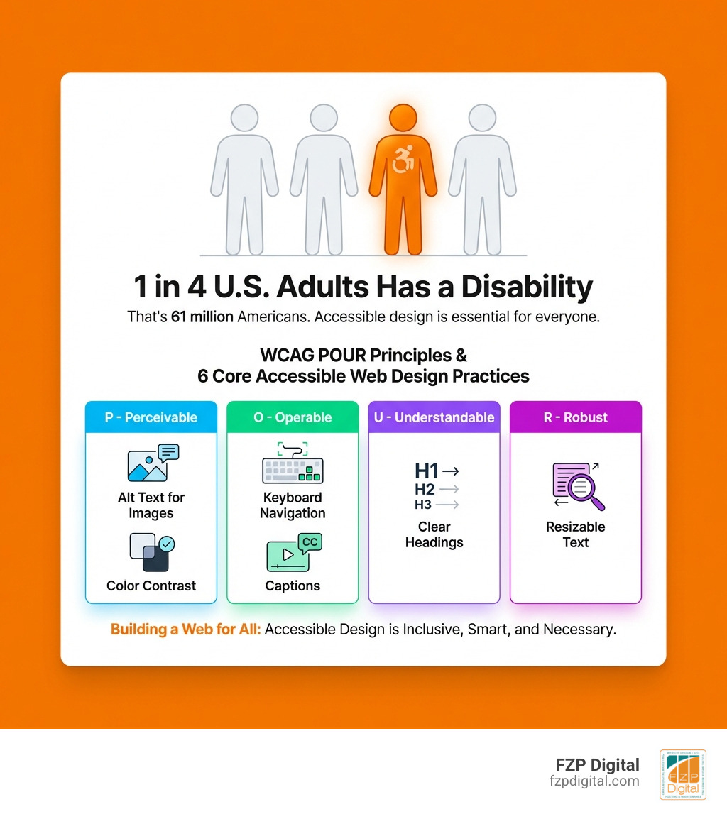 Infographic showing that 1 in 4 U.S. adults has a disability, with six core accessible web design principles: alt text for images, color contrast, keyboard navigation, captions, clear headings, and resizable text — all mapped to the WCAG POUR principles of Perceivable, Operable, Understandable, and Robust - accessible web design infographic Infographic showing that 1 in 4 U.S. adults has a disability, with six core accessible web design principles: alt text for images, color contrast, keyboard navigation, captions, clear headings, and resizable text — all mapped to the WCAG POUR principles of Perceivable, Operable, Understandable, and Robust - accessible web design infographic
