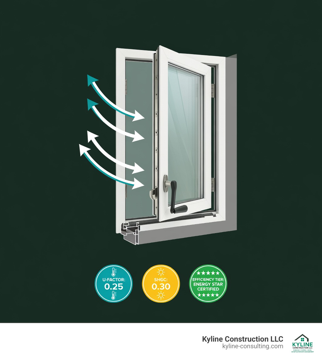 Infographic showing casement window anatomy including side hinges, crank mechanism, multi-point locking system, compression weatherstripping, argon gas-filled double or triple pane glass, and directional airflow arrows showing full top-to-bottom ventilation when open at 90 degrees, with labels for U-Factor, SHGC, and energy efficiency tier ratings - Casement window replacement Ohio infographic 